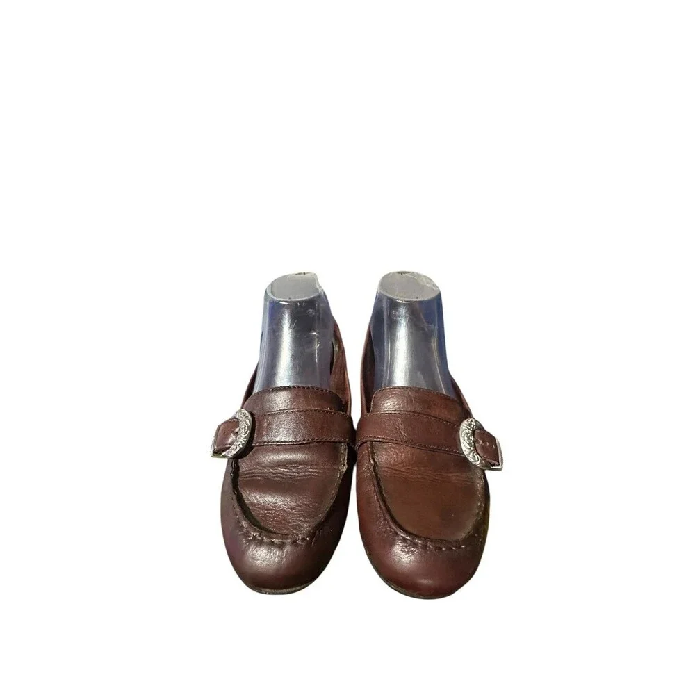 Born Brown Leather Slip On Loafers Size 7.5M Silver Buckle Boho Flats Outdoor